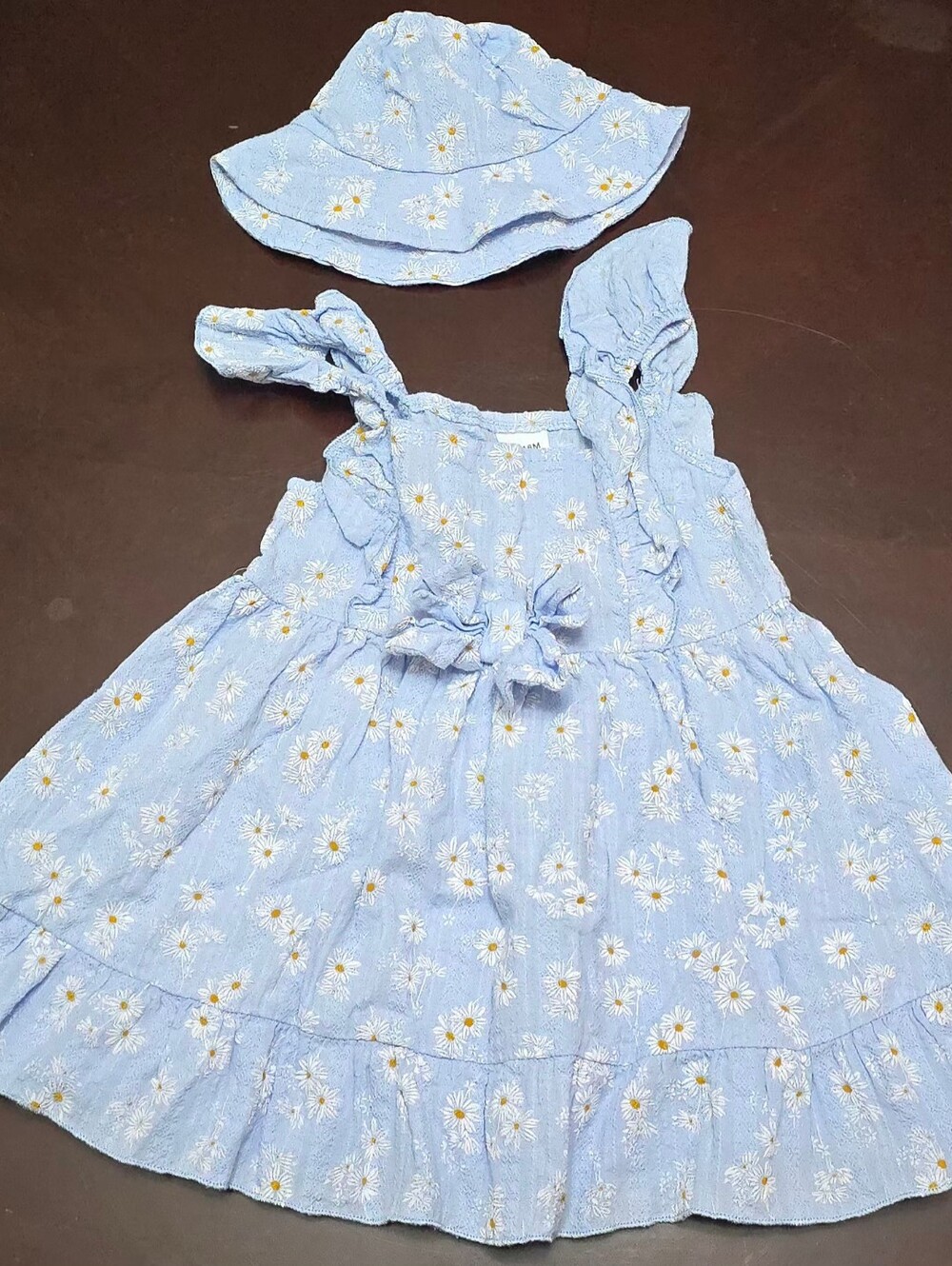 Light Blue Daisy Print Sundress with Matching Hat Size 12-18m